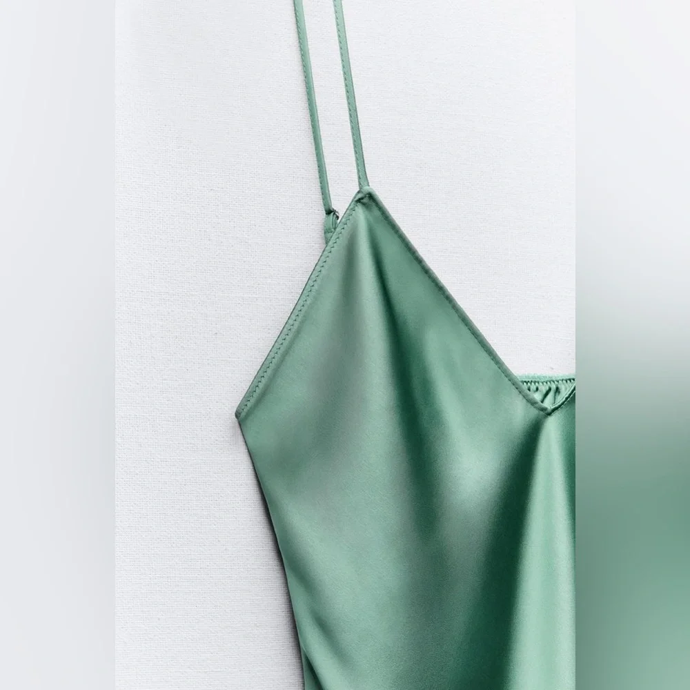 Zara Emerald Green Maxi Dress Satin Slip Wedding Evening Party - Picture 12 of 13